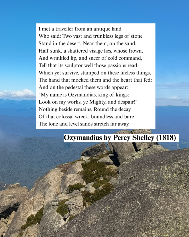 Mountain Top view with a rectagualr text insert with the poem Ozymandius  by Percy Shelley. 